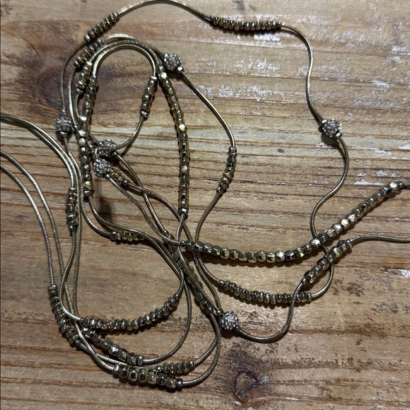 Chico’s Gold Tone Rhinestone Beaded Double Layered Long Statement Necklace - Picture 4 of 5